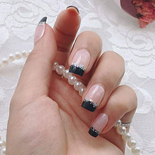 Load image into Gallery viewer, YUNAI French Fake Nail Nude Nails with Black and Glitter Top Artificail Nails for Daily Wear Medium-Long Size Nails