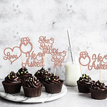 Load image into Gallery viewer, Gyufise 24Pcs Rose Gold He Asked She Said Yes Cupcake Toppers Diamond Ring Heart Cake Picks for Wedding Engagement Party Cake Decorations