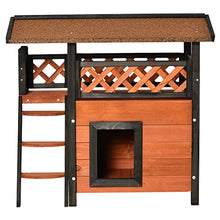 Load image into Gallery viewer, PawHut Cat House Outdoor Kitten Shelter Puppy Kennel with Balcony Stairs Asphalt Roof, 77 x 50 x 73 cm, Brown