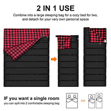 Load image into Gallery viewer, Cotton Flannel Double Sleeping Bag For Camping, Backpacking Or Hiking. Queen Size 2 Person Waterproof Sleeping Bag For Adults Or Teens. Truck, Tent, Or Sleeping Pad, Lightweight (Black/Red)