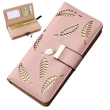 Load image into Gallery viewer, Pink Leather Long Purse, Cute Women Leather Wallet Purses Women Fashion Long Purse Ladies Purse Clutch Holder Case Leaf Pendant Coin Zipper Long Purse