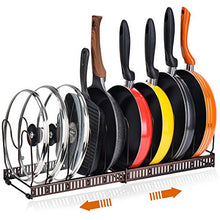 Load image into Gallery viewer, Toplife Expandable Pans Organiser Rack, 10 Adjustable Compartments, Pantry Cabinet Bakeware Lid Plate Holders, Brown