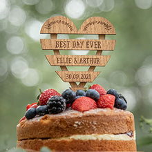 Load image into Gallery viewer, Personalised Wedding | Anniversary wooden cake topper - Personalise with surname and date - Mr and Mrs Cake decoration – rustic heart wood toppers