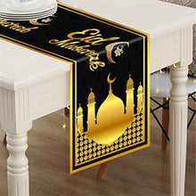 Load image into Gallery viewer, Eid Table Runner, Black Gold Eid Mubarak Decorations for Table, Islamic Ramadan Eid Mubarak Tablecloth for Home Dining Room Muslim Ramadan Mubarak Festival Party Celebration Supply, 180 x 35 cm
