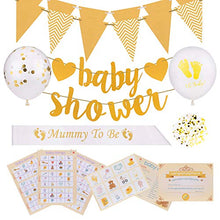 Load image into Gallery viewer, Baby Shower Decorations & Games Pack for Boys/Girls. Unisex Gold/Yellow Design Decos. Bingo + 3 Other Games & Full Set of Baby Shower Decorations - incl Mummy to be Sash, Bunting, Balloons & Confetti.