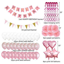 Load image into Gallery viewer, Birthday Decorations, 79 pcs Balloons Party Decoration for Girls & Boys Women with Pink Happy Birthday Banner Tissue Paper Flowers Hanging Swirls for Birthday Party Supplies