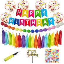 Load image into Gallery viewer, Birthday Decoration Set | Trendy Party Decorations in Rainbow Colours | Happy Birthday Banner | Balloon Garland | Tassel Garland | Confetti Balloons | Table Confetti | Cake Topper | Pump | UK Brand