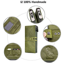 Load image into Gallery viewer, ROULENS Genuine Leather Women's Wallets,Multi-Function Slim Bifold Zipper Clutch Purse,Large Capacity Card Holder with RFID (Green)