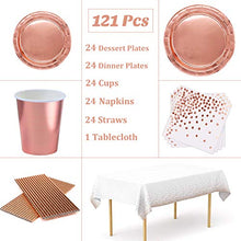 Load image into Gallery viewer, 24 Guests Rose Gold Party Supplies Party Plates Paper Cups Napkins Straws Table Cloth for Birthday Wedding Engagement Hen Party Decorations Rose Gold Party Tableware