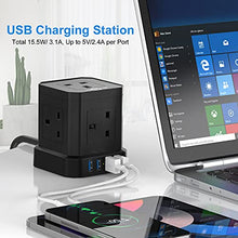 Load image into Gallery viewer, Cube Extension Lead with USB Slots, 5 Way Plug Extension with 4 USB(3.1A), KEPLUG Black Multi Plug Power Strip 2m Extension Cable,3250W/13A UK Power Socket Extension Cord for Desk Home Office Travel
