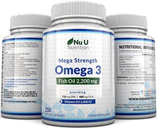 Load image into Gallery viewer, Omega 3 Fish Oil 2000mg Plus Vitamin D3 2000IU – 250 Capsules Over 4 Months Supply – 720mg EPA & 480mg DHA per Serving High Strength 1100mg Fish Oil per Capsule