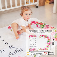 Load image into Gallery viewer, Baby Milestone Blanket | Monthly Photo Mat for Boy or Girl, Unisex | Flowers & Leaves Theme | Personalised Baby Shower Present for New Mums | Age Mat | Soft & Comfortable | Includes Coloured Frames