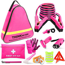 Load image into Gallery viewer, THINKWORK Car Emergency Kit for Teen Girl and Lady's Gifts, Pink Emergency Roadside Assistance kit with 10FT Jumper, First Aid Kit, Safety Hammer, Tow Rope, and More Ideal Pink Car Accessories Tool