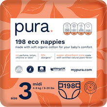 Load image into Gallery viewer, Pura Premium Eco Baby Nappies Size 3 (Midi 4-9kg / 9-20 lbs) 6 x 33 per pack, 198 Infant Sustainable Diapers, Perfume Free, Clinically Tested and Hypoallergenic