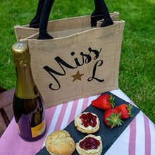 Load image into Gallery viewer, Personalised mini jute bag | Personalised teacher gifts | UK (Black bag - Black text)