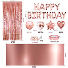 Load image into Gallery viewer, iZoeL Rose Gold Birthday Party Decoration for Girls Women Happy Birthday Banner, Rose Gold Fringe Curtain Foil Tablecloth, Heart Star Confetti Balloons and 10g Table Confetti