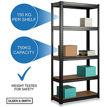 Load image into Gallery viewer, Heavy Duty 5 Tier Steel & Wood Garage Shelving Unit 150cm x 70cm x 30cm Racking Utility Shelves Units For Storage For Home Workshop Shed Office Black