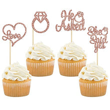 Load image into Gallery viewer, Gyufise 24Pcs Rose Gold He Asked She Said Yes Cupcake Toppers Diamond Ring Heart Cake Picks for Wedding Engagement Party Cake Decorations