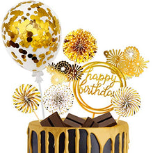 Load image into Gallery viewer, iZoeL Gold Birthday Cake Decoration Happy Birthday Cake Topper Paper Fans Banner Confetti Balloon Fireworks Golden Cupcake Topper for Gold Theme Party Decor Girl Boy Kid Women Man (Gold)