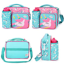 Load image into Gallery viewer, Kids Lunch Bag for Girls with Bottle Holder Lunch Box, Children Unicorn Lunch Tote Bag with Shoulder Strap 3 Compartments Thermal Insulated Cooler Bag for School Toddler Nursery Travel Snack Carrier