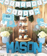 Load image into Gallery viewer, Elephant Baby Shower Decorations Boy, Welcome Baby Banner Bunting, Foil Letter Balloon Blue, MOMMY TO BE Sash, Elephants Cake Toppers, Pom Poms for Elephant Baby Shower Party Supplies