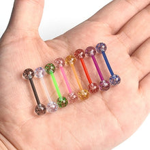 Load image into Gallery viewer, CrazyPiercing 8Pair Flexible Glitter Acrylic Tongue Ring Retainer or Nipple Ring 14G Bar Length 16mm Multicolor