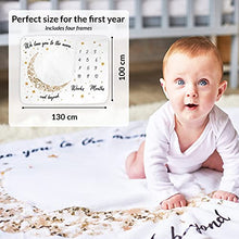 Load image into Gallery viewer, Baby Milestone Blanket | Monthly Photo Mat for Boy or Girl, Unisex | Moon & Stars Theme | Personalised Baby Shower Present for New Mums | Age Mat | Soft, Thick & Comfortable | Includes Coloured Frames
