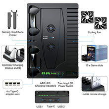 Load image into Gallery viewer, Benazcap PS5 Console Stand Accessories with Cooling Fan and PS5 Controller Charging Dock,Multifunctional Vertical Stand with Controller Charging Station,With 15 Pcs Game Discs Storage,Black