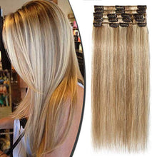Load image into Gallery viewer, 100% Real Remy Hair Clip in Human Hair Extensions 8pcs 16-22inch Grade 7A Long Straight Natural 18 Clips Highlighted, 16"-65gram, #12 Golden Brown mix 613# Bleach Blonde