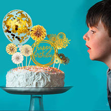 Load image into Gallery viewer, iZoeL Gold Birthday Cake Decoration Happy Birthday Cake Topper Paper Fans Banner Confetti Balloon Fireworks Golden Cupcake Topper for Gold Theme Party Decor Girl Boy Kid Women Man (Gold)