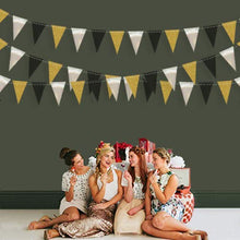 Load image into Gallery viewer, 30 Feet Double Sided Glitter Paper Triangle Flag,Bunting Pennant Banner for Birthday Holiday Wedding Anniversary Graduation Theme Christmas Party Supplies Decorations.(Gold+Mirror-like silver+Black)
