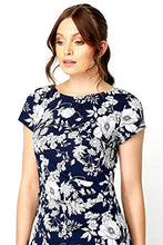 Load image into Gallery viewer, Roman Originals Women Twist Knot Ruched Waist Dress - Ladies Shift Pencil Smart Lined 3/4 & Short Sleeve Round Neckline Knee Length Work Fitted Bodycon Stretchy Jersey - Navy & White - Size 12