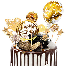 Load image into Gallery viewer, Cake Decorations 13Pcs Cake Toppers Kit Cupcake Topper with Golden Paper Fans Happy Birthday Acrylic Banner Sequins Balloon Fireworks Stars for Gold Theme Birthday Party Anniversary Cake Decor
