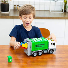 Load image into Gallery viewer, JOYIN 12.5" Garbage Truck Toy with Lights and Sounds, Friction-Powered Waste Rubbish Lorry Truck Recycling Truck Toy Vehicle Set with 3 Bins, Back Bump Function, Educational Gifts for Kids(1:12)