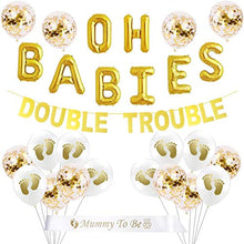 Load image into Gallery viewer, JOYMEMO Twins Baby Shower Decorations Set Gold, Double Trouble Banner Glitter, OH BABIES Confetti Balloons, Mummy To Be Sash for Babies Gender Reveal Party Supplies