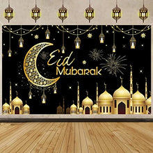 Load image into Gallery viewer, Eid Mubarak Backdrop Banner, Black Gold Eid Mubarak Sign Banner with Stars Moon Mosque, Extra Large Fabric Muslim Ramadan Photo Booth Wall Background Decorations for Islamic Al-fitr Festival Party