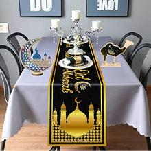 Load image into Gallery viewer, Eid Table Runner, Black Gold Eid Mubarak Decorations for Table, Islamic Ramadan Eid Mubarak Tablecloth for Home Dining Room Muslim Ramadan Mubarak Festival Party Celebration Supply, 180 x 35 cm