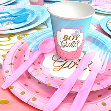 Load image into Gallery viewer, Heboland Gender Reveal Party Supplies Tableware Set, 16 Guests Boy or Girl Plates Napkins Tablecloth Cups Knives Forks Spoons Banner Decorations