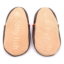 Load image into Gallery viewer, Dotty Fish Soft Leather Baby Shoes. Toddler Shoes. Boys and Girls. Non Slip. Brown Shoe with Fox. 0-6 Months (1 UK Child)