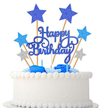 Load image into Gallery viewer, VAINECHAY Birthday Cake Decorations Happy Birthday Cake Toppers for Boy Men Girl Women Kids Blue Star Cupcake Decoration Baby Shower Party Silver