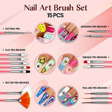 Load image into Gallery viewer, Nail Art kit Accessories, 15pcs Nail Art Brushes, Tools, Nail Pen designing Dotting, Colourful Nail foil, Stripping Manicure Tape, Rhinestone, Nail Glitter Powder, Nail File, Supplies In Nail Art Set