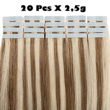 Load image into Gallery viewer, Human Hair Extensions Tape in Straight Skin Weft 100% Remy Real Hair 20pcs 40g Natural Full Head 14" 12/613# Golden Brown and Bleach Blonde