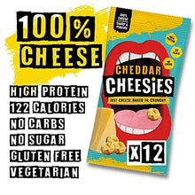 Load image into Gallery viewer, CHEESIES | Crunchy Cheese Keto Snack | Cheddar | 100% Cheese | Sugar Free, Gluten Free, No Carb | High Protein and Vegetarian | Crunchy, Baked and Tasty | Multipack | 12 x 20g Bags