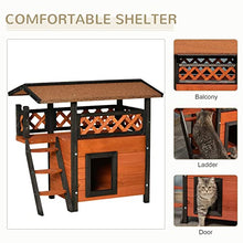 Load image into Gallery viewer, PawHut Cat House Outdoor Kitten Shelter Puppy Kennel with Balcony Stairs Asphalt Roof, 77 x 50 x 73 cm, Brown