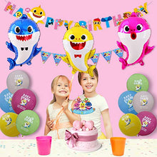Load image into Gallery viewer, Party Squad shark party theme happy birthday decoration set birthday banner balloons with shark family helium balloons cake topper and bunting banner for kid’s birthday decoration girls and boys