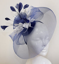 Load image into Gallery viewer, Feather Flower Fascinator Hat Veil Net Hair Clip Ascot Derby Races Wedding (Navy and Silver)