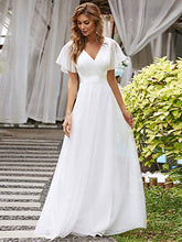 Load image into Gallery viewer, Ever-Pretty Women's V Neck Short Sleeve Empire Waist Tulle A Line Long Elegant Wedding Dresses White 12UK