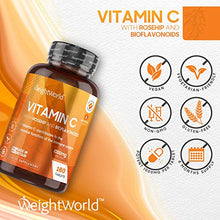 Load image into Gallery viewer, Vitamin C Tablets 1000mg with Rosehip & Bioflavonoids - 180 High Strength VIT C Tablets (6 Month Supply) - Vitamin C Supplement for Immune Health - Gluten Free & Vegan Ascorbic Acid - Made in The UK