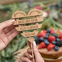 Load image into Gallery viewer, Personalised Wedding | Anniversary wooden cake topper - Personalise with surname and date - Mr and Mrs Cake decoration – rustic heart wood toppers