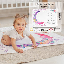 Load image into Gallery viewer, Baby Milestone Blanket | Monthly Photo Mat for Boy or Girl, Unisex | Moon & Flowers Theme | Personalised Baby Shower Present for New Mums | Age Mat | Soft & Comfortable | Includes Coloured Frames